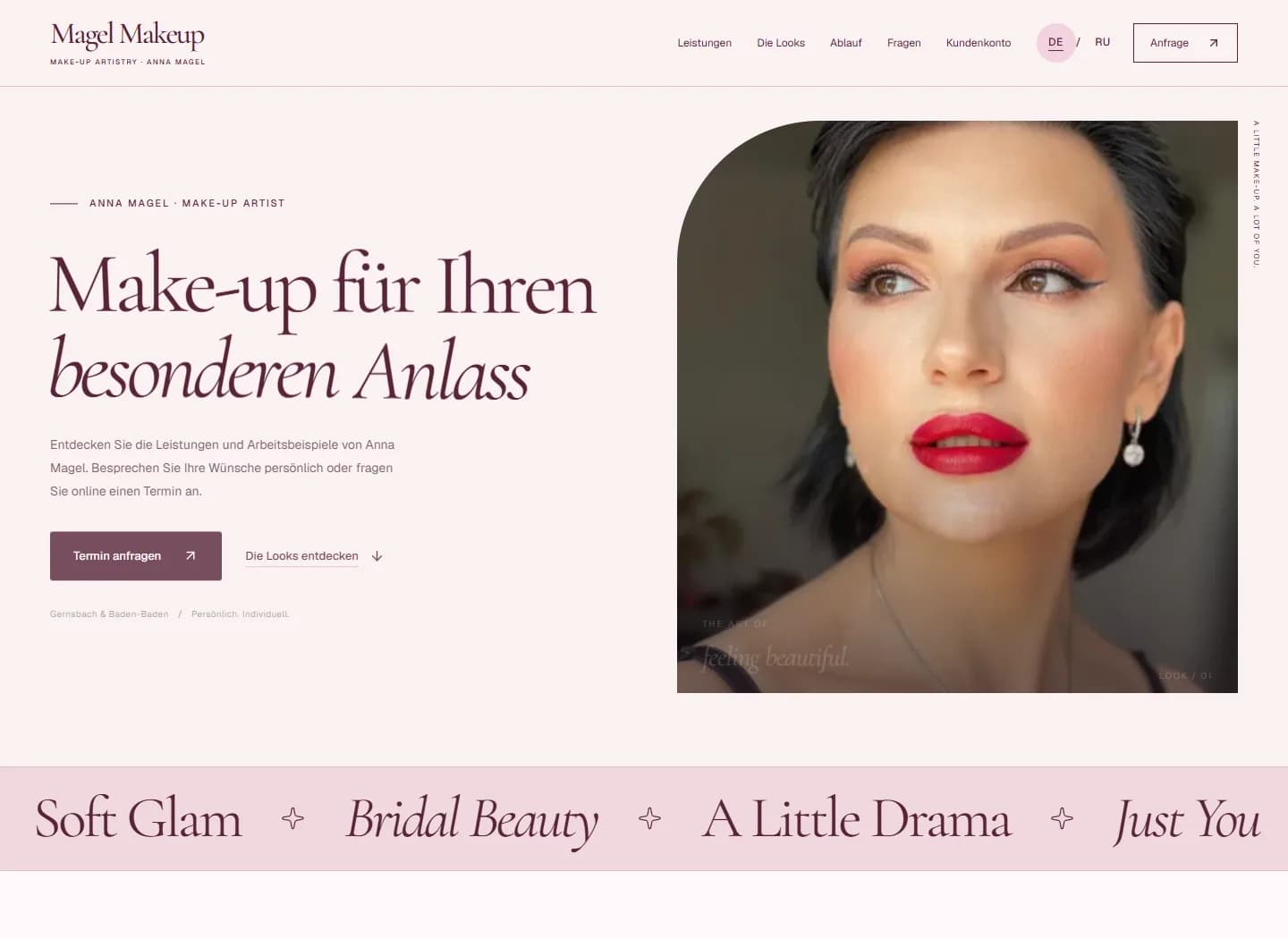 Magel Makeup: Startseite mit Make-up-Porträt und direktem Weg zur Terminanfrage