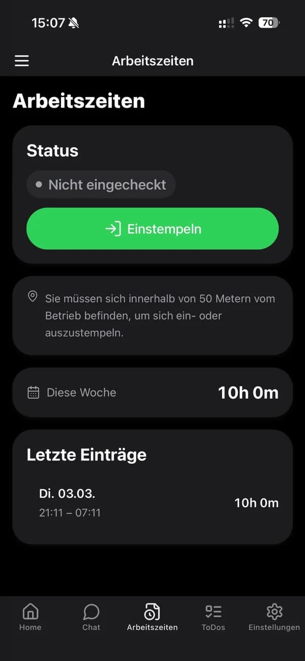 MenuOS Mitarbeiter-App mit Zeiterfassung und Übersicht der Wochenstunden